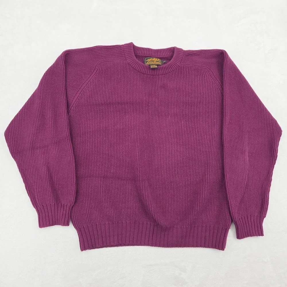 VTG Eddie Bauer Chunky Knit Sweater Men's Sz Large Burgundy Cotton Crewneck - Picture 1 of 10